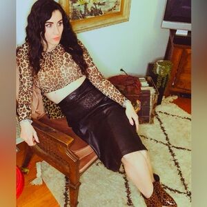 Vintage Fabiani Black Leather & Leopard Midi Pencil Skirt